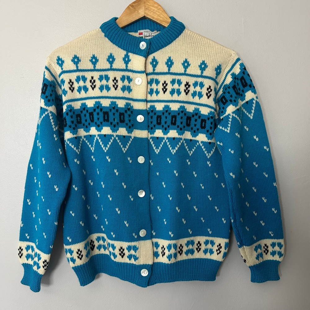 Winkelmans Vintage Sweater Cardigan Fair Isle Blue White 38 Virgin Wool‎ Italy